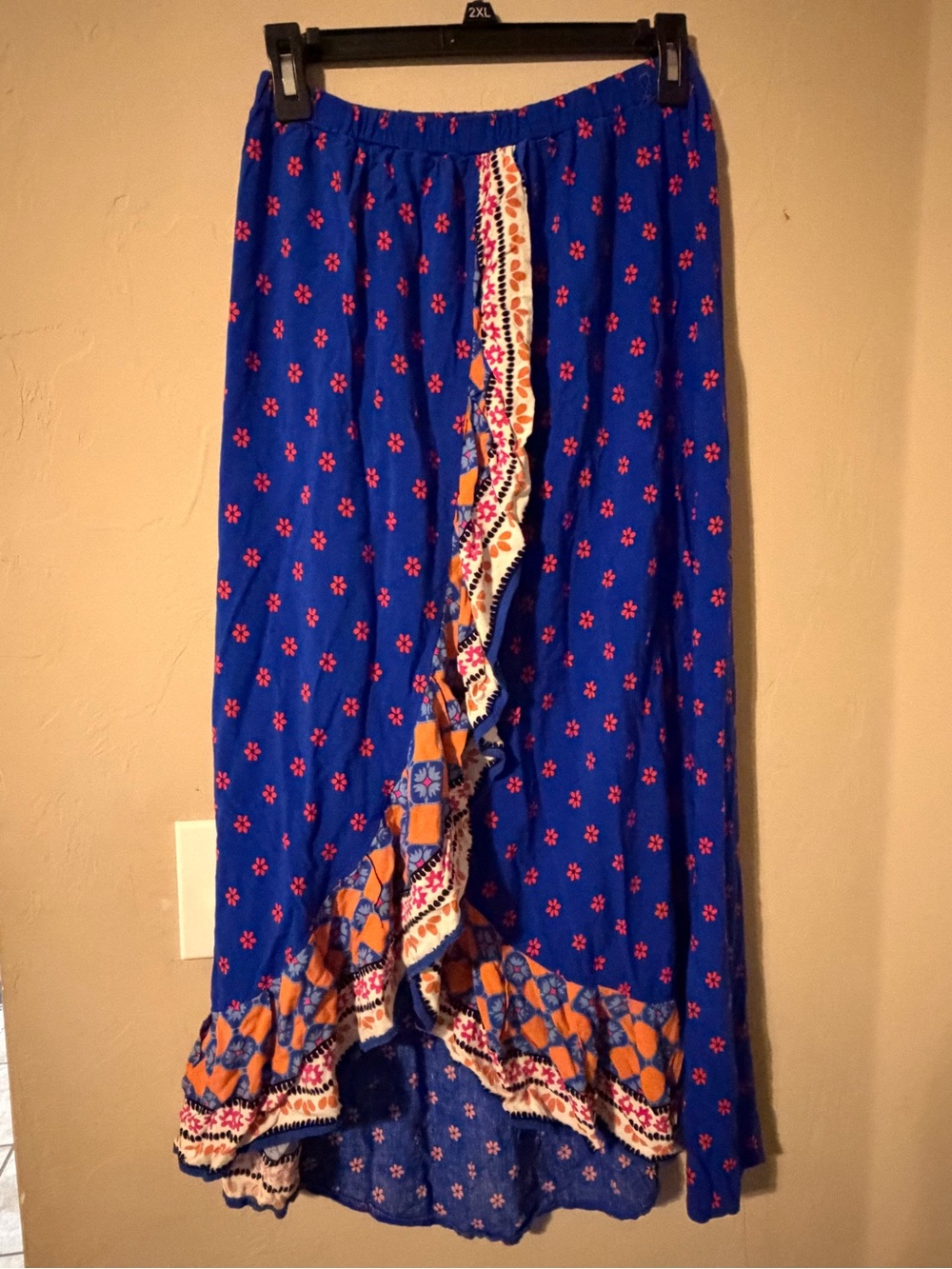 Magic Blue High-Low Skirt with Red Floral and Orange Trim